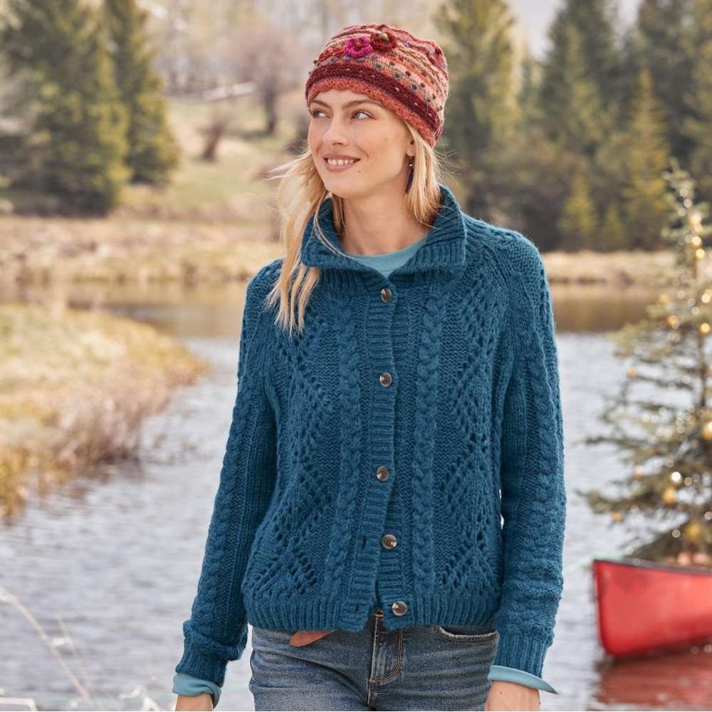 Sundance Teal Winter Tryst Cardigan Open Weave Cable Knit Button Sweater Large